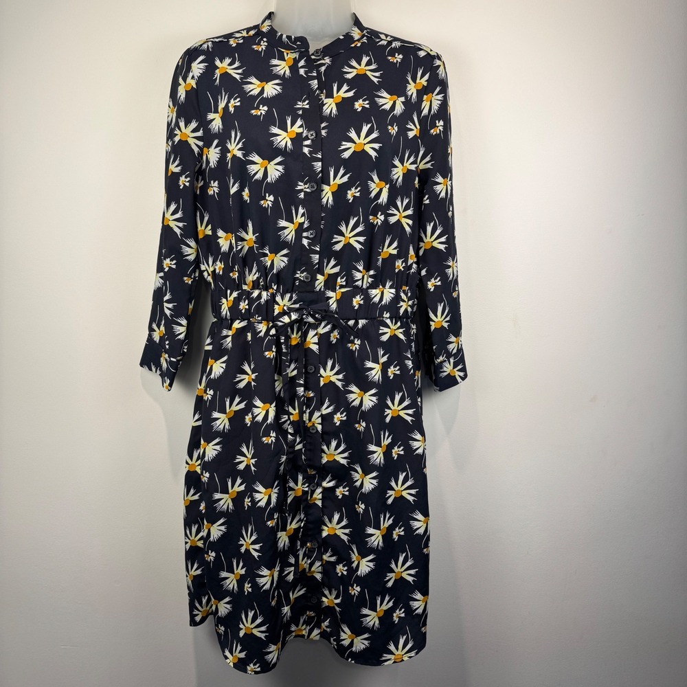 Banana Republic Navy Daisy Print Button‎ Front Cinched Waist Knee Shirt Dress S